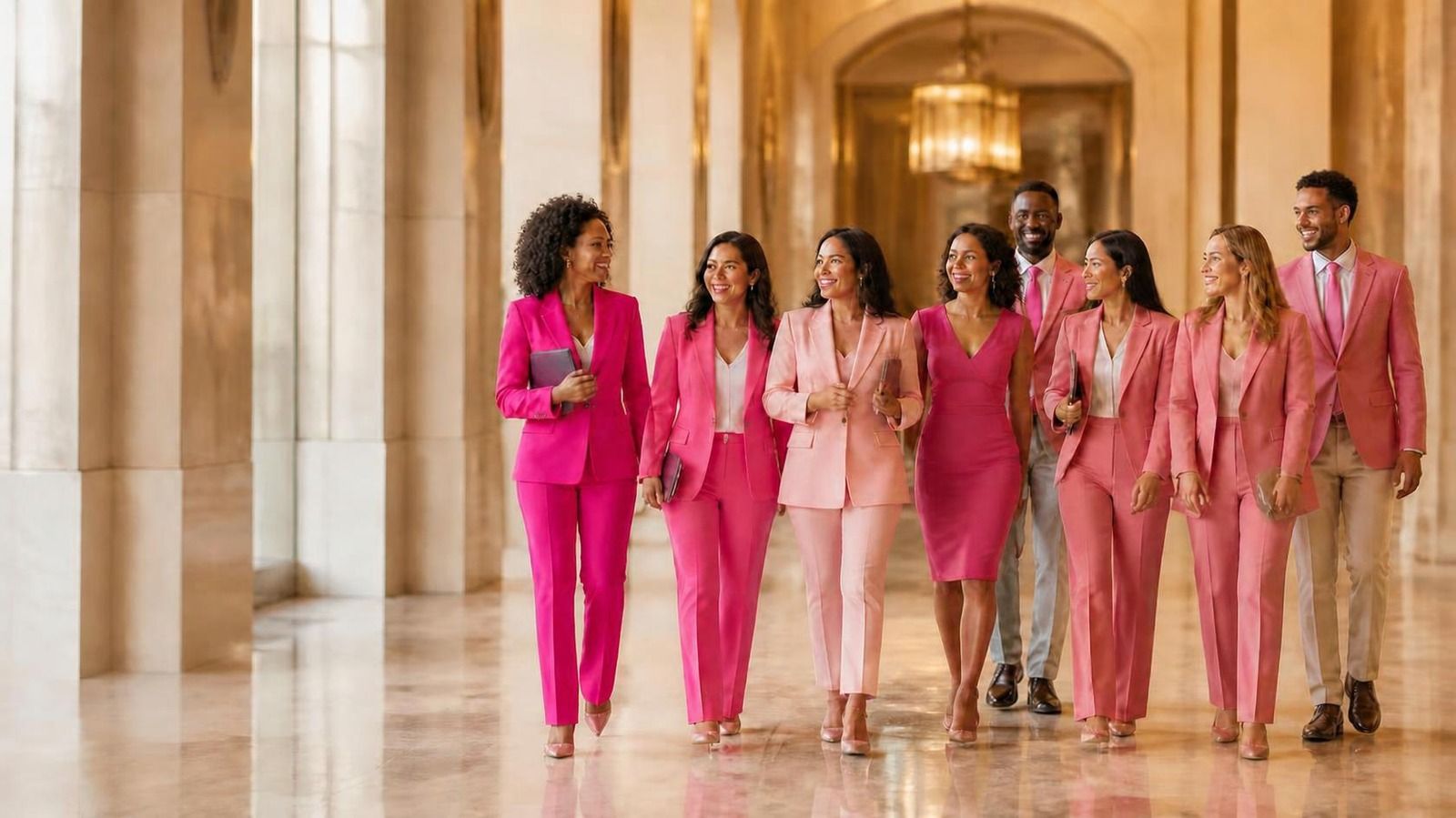Grupo de empreendedoras e empreendedores brasileiros de rosa caminhando juntos